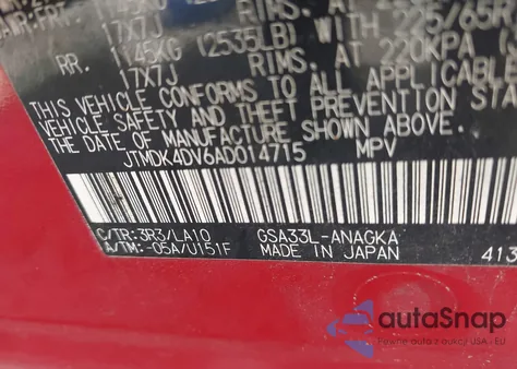 2010 Toyota Rav4 Limited V6 z USA, uszkodzony, nr VIN JTMDK4DV6AD014715